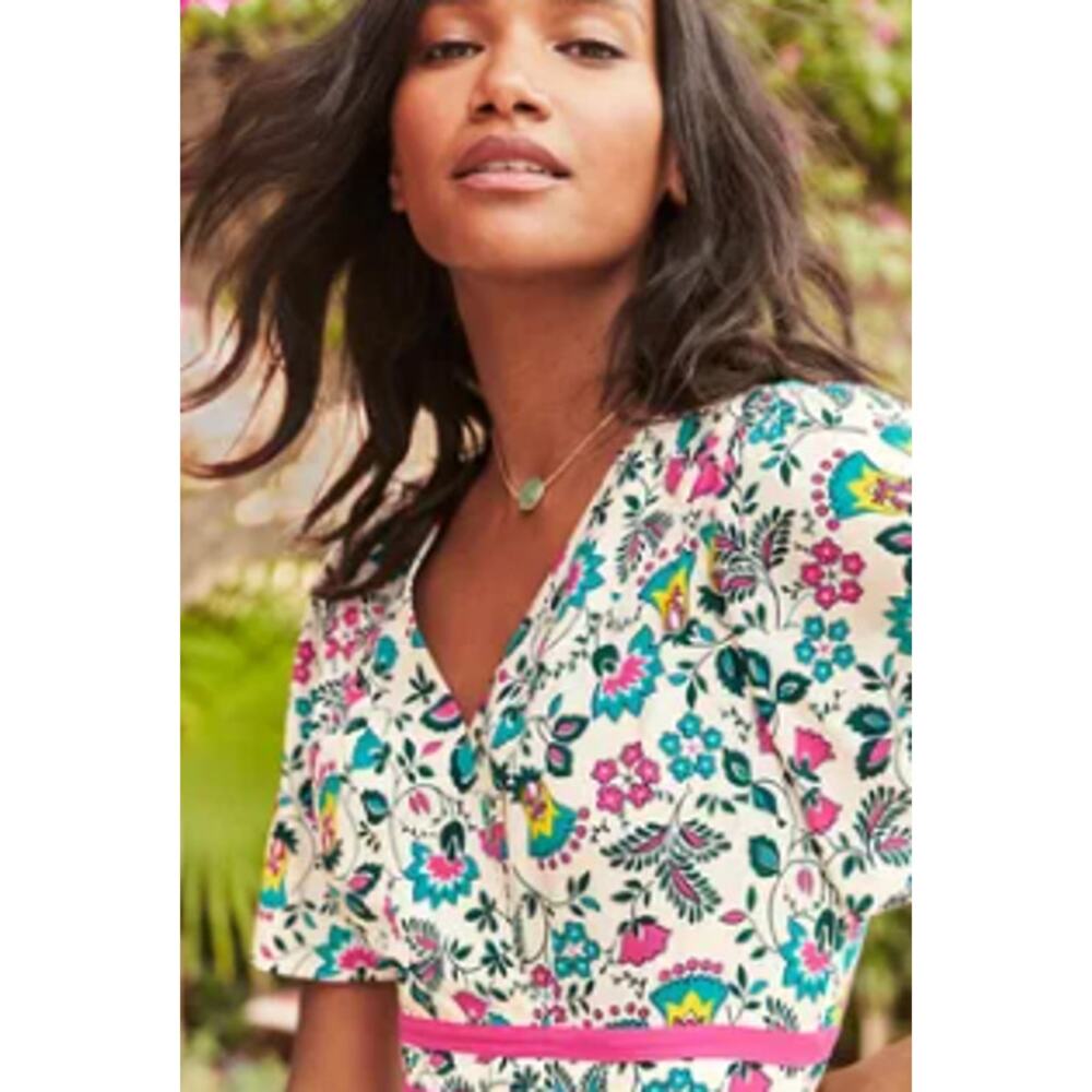 Boden Holly Hank Floral Surplice Midi Dress White Pink Blue Flutter Sleeve US 8R - Picture 2 of 8